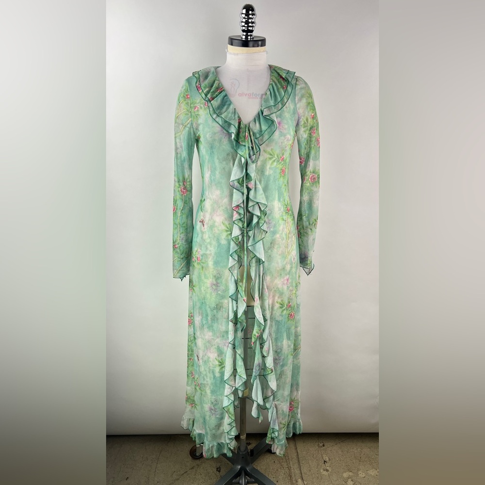 451B-GREEN. Floral Long Mesh Ruffled Cardigan - Picture 3 of 11